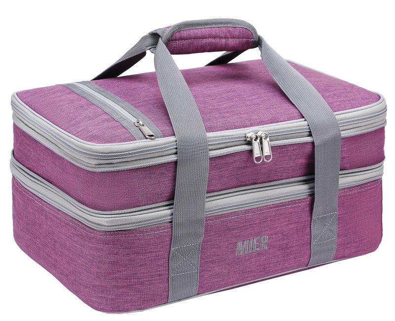 MIER Insulated Double Casserole Carrier Thermal Lunch Tote for Potluck Parties, Picnic, Beach, Fits 9 x 13 Inches Casserole Dish, Expandable by Mid Zipper, Purple - Image 1